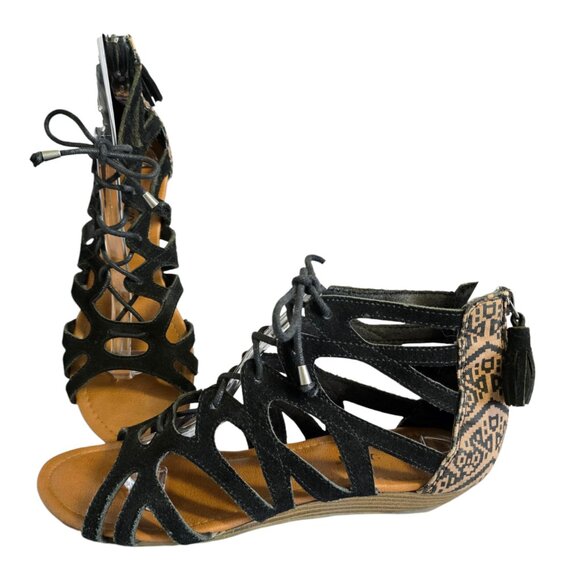 Minnetonka Merida II Suede Leather Lace-up Back-Zip Sandals Black Women Size 8 - Picture 1 of 11